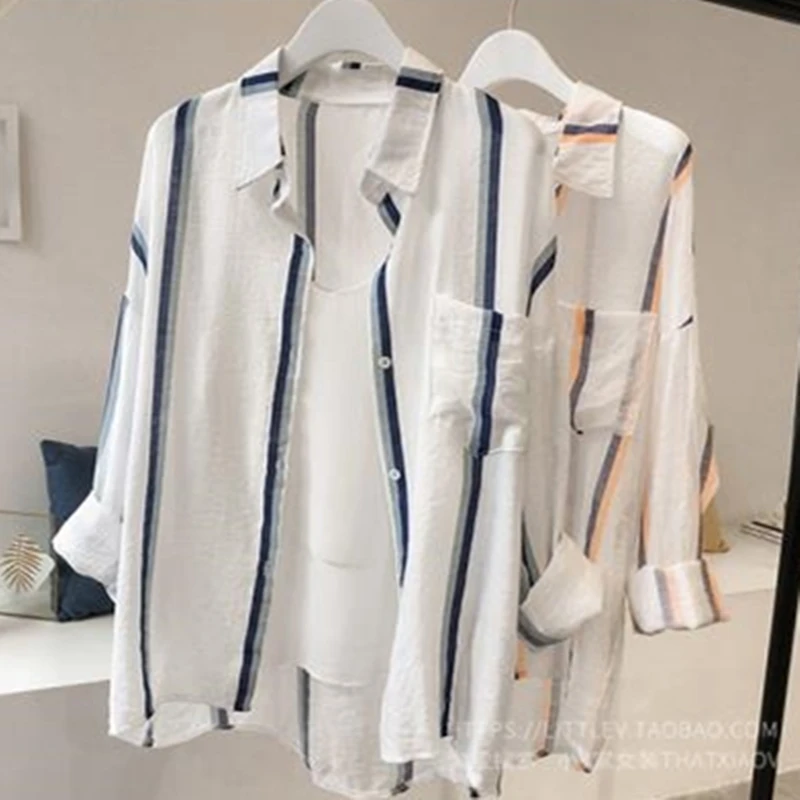

Fashionable summer dress new 4XL striped loose chiffon thin sunscreen shirt