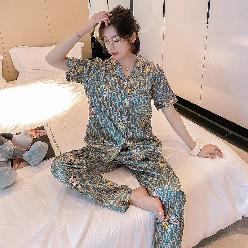 2021 New Ice Silk Imitation Silk Pajamas Women's Summer Short Sleeve Pants Nightwear Printed Cardigan Lapel Home Wear Sleepwear