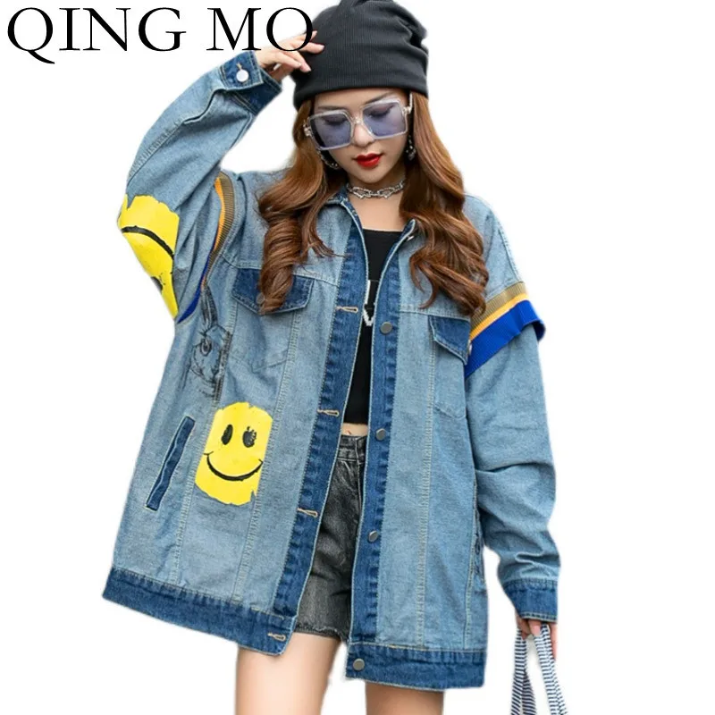 

QING MO 2021 Autumn New Women Clothing Smiley Print Stitching Denim Jacket Loose Lapel Single-breasted Denim Jacket TT186Q