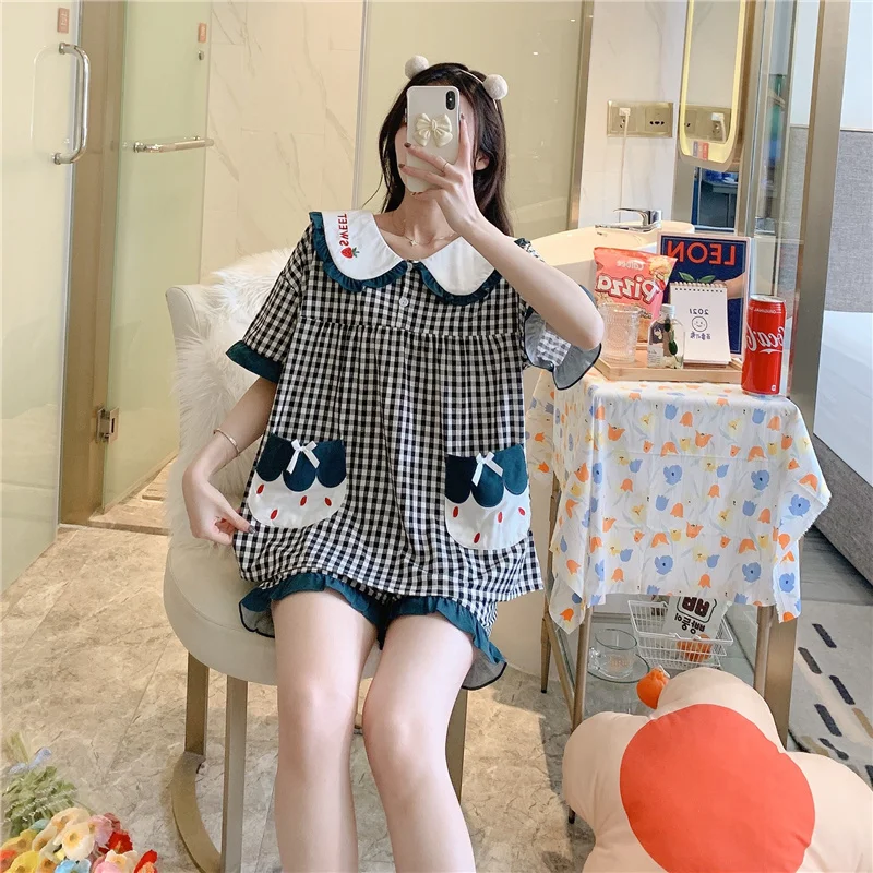 

Princess Pajamas Women's Summer Korean Style Sweet Cute Popular Plaid Short Sleeve Thin Suit Loose Casual Homewear