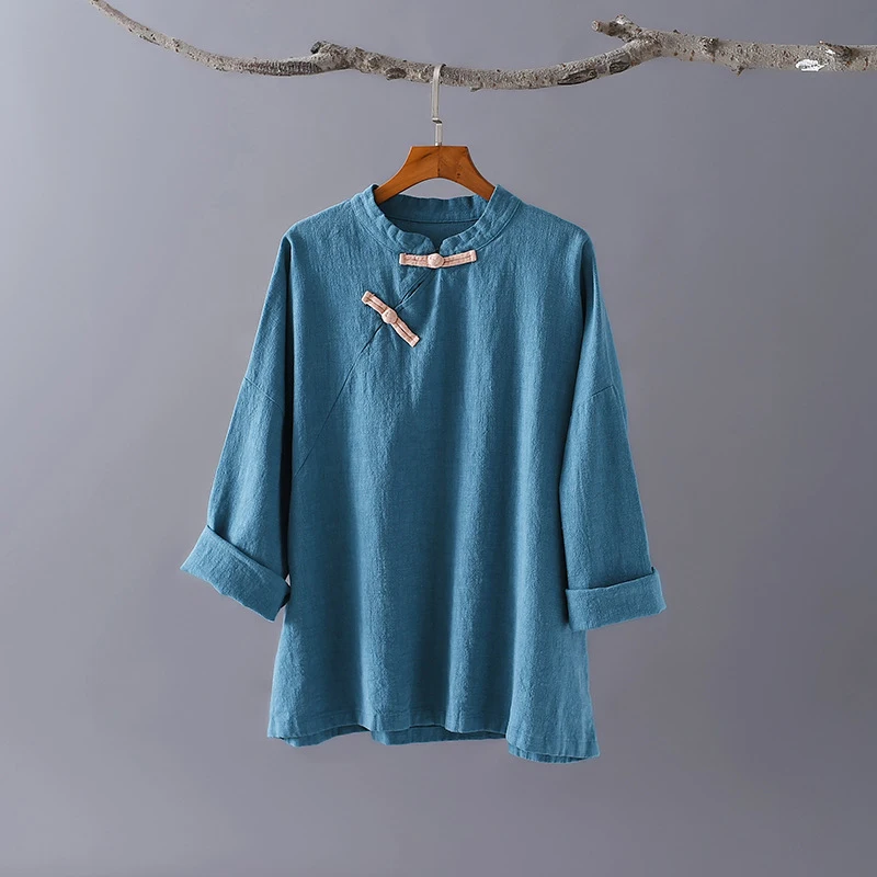 

Chinese Style Hanfu Women 2021 New Loose Cotton Linen T-Shirt Female Summer Ladies Cosplay Shirt Long Sleeve Vintage Blouse Tops