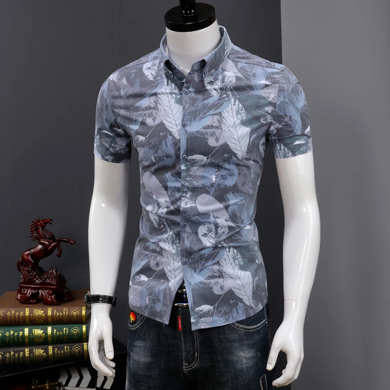 

mens shirts cotton slim fit dress shirt flower black summer short sleeve high quality fashion Korean style size M L XL XXL XXXL