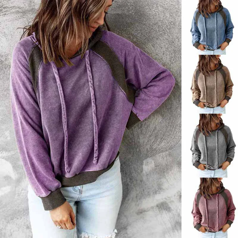 

Autumn and Winter Hoodies Women's Casual Stitching Top Hooded Long-sleeved Patchwork Loose Pullover Plus Size Vintage Sweatshirt
