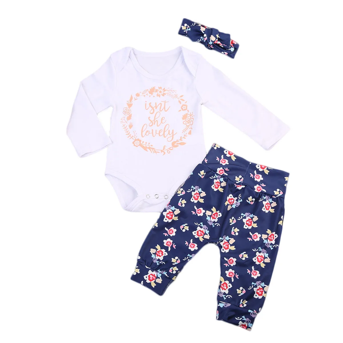 

Newborn Baby Girls Rompers+Long Pants +Headband Floral 3Pcs Set Outfits Cotton 0-24M