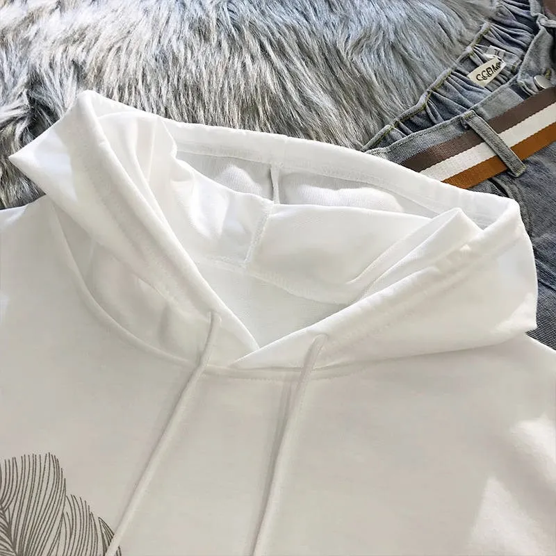 

Women's Sweater Feather Print Long Sleeve Hoodie Korean Thin Top