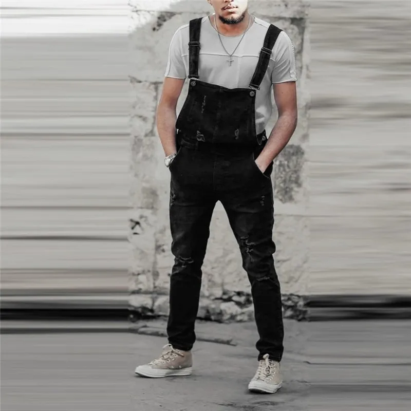 Мужской джинсовый комбинезон с карманами повседневный облегающий в стиле хип