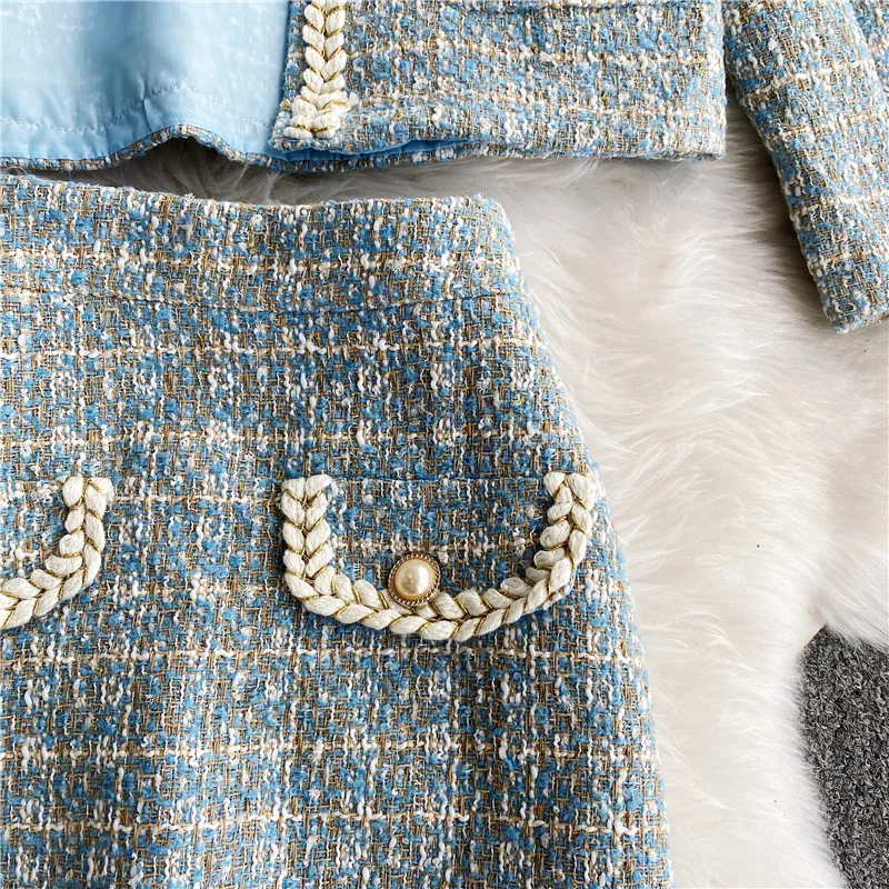 

2021 New Spring 2 Piece sets Outfits For Women Single Breasted elegant Tweed Jacket Coat+ Short A Line Two Piece Skirt Set