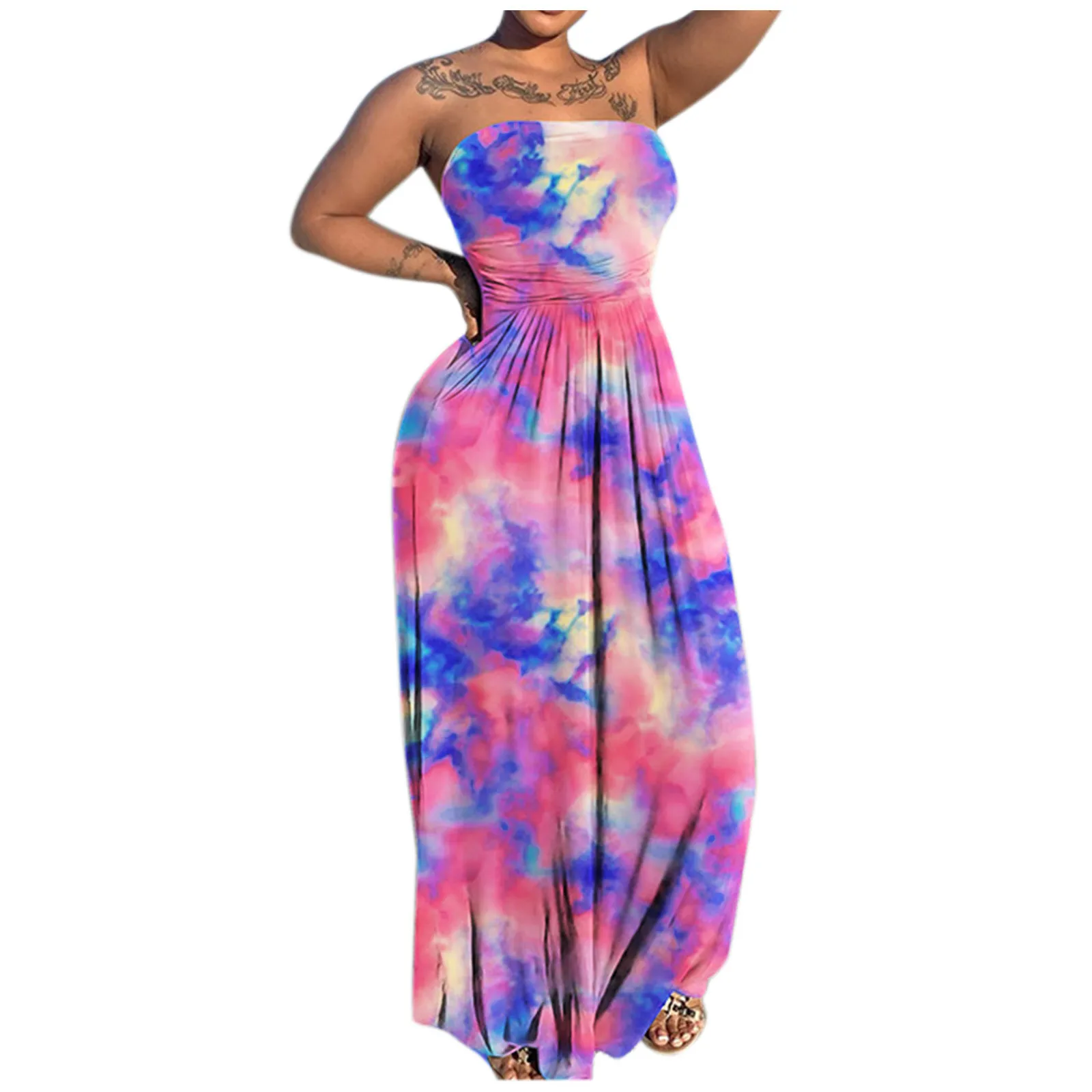 

Off Shoulder Tie Dye Print Dress 2021 Summer Women Sleeveless Maxi Dress Bandeau Sexy A-line Vintage Tube Dresses Vestidos