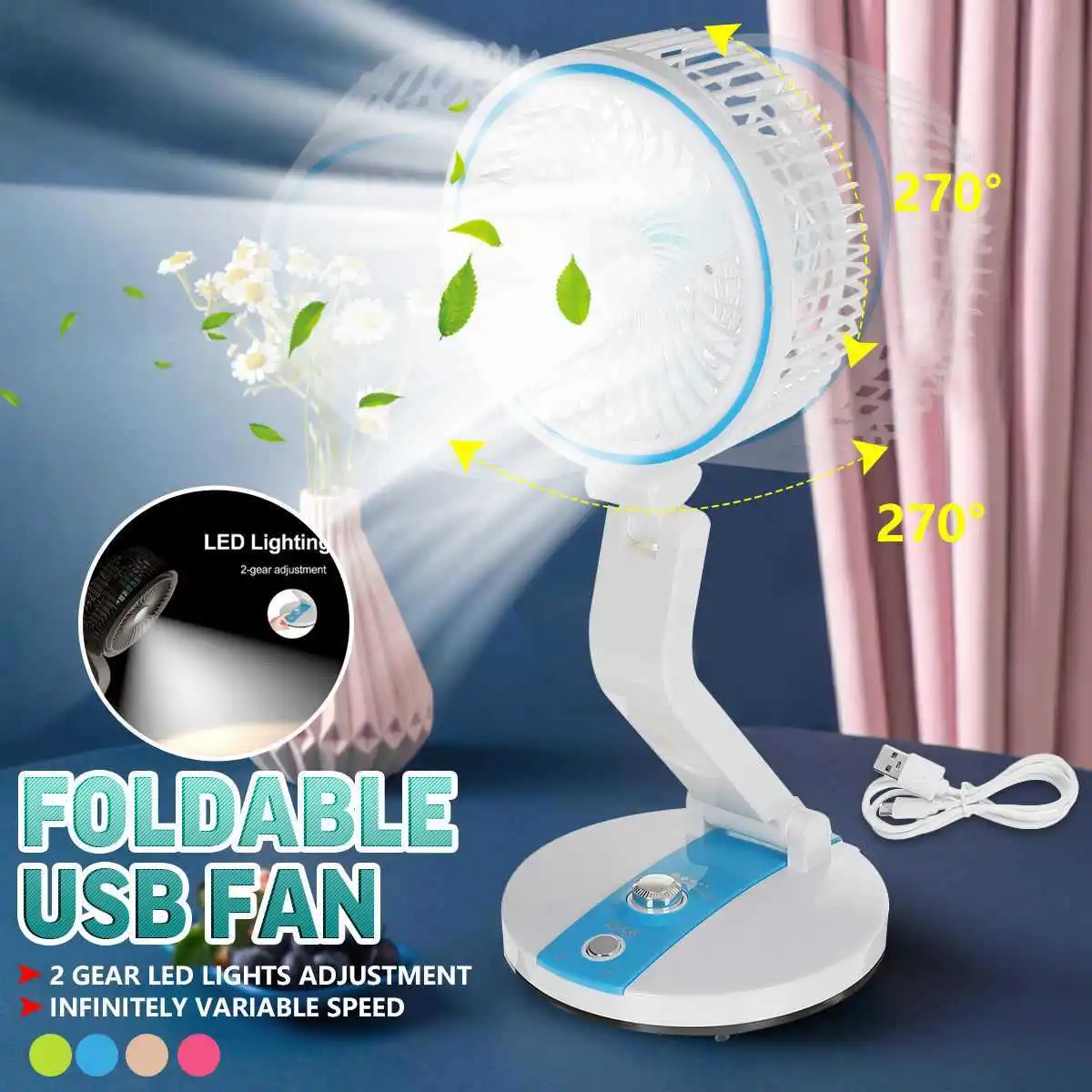 

2 Gear LED Fan Rechargeable USB Fan Low Noise Portable Electric Cooling Fan For Office Household Traveling