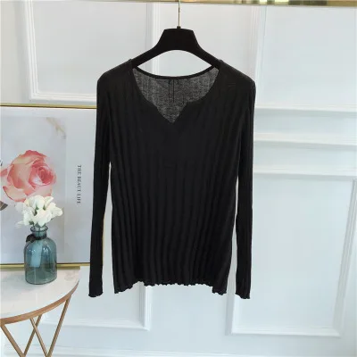 

Women's V-neck Knitwear Solid Color Slim T-shirt Long Sleeve T-shirt gray