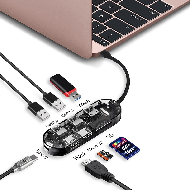 USB-концентратор 7 в 1 USB 3 0 Type-C HDMI Gigabit Ethernet SD/TF PD | Электроника