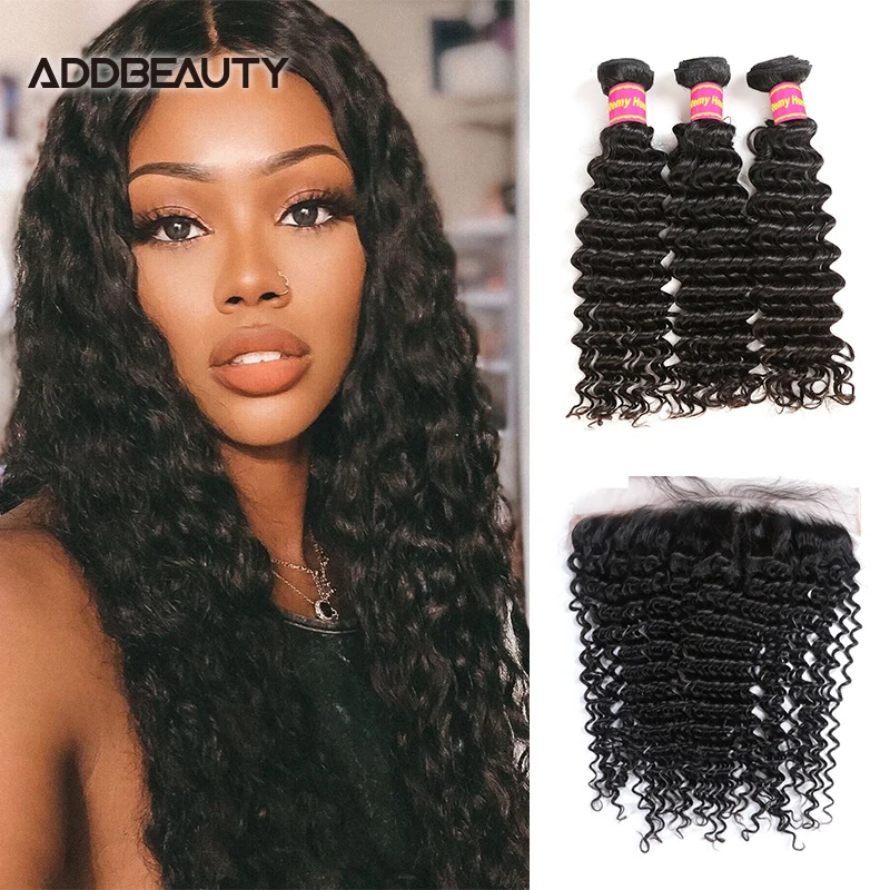 

4x4 HD Transparent Lace Closure with Deep Wave Brazilian Human Remy Hair Bundles 13x4 Lace Frontal Natural Color Pre-Plucked