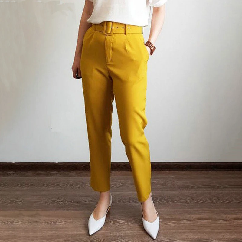 Женские брюки офисные женские пояс с высокой талией однотонные карманные