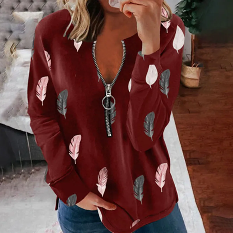 

2021 Autumn And Winter New V-Neck Zipper Feather Printing Long-Sleeved Loose T-Shirt Women Casual Pullover Tops Femme Oversized