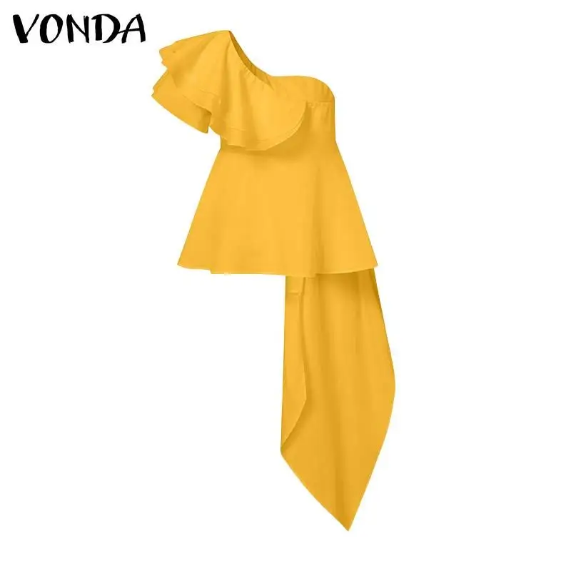 

Women Asymmetric Blouse 2021 VONDA Elegant Tops Office Shirts Casual Zipper Short Sleeve Party Pleated Lace Blouse
