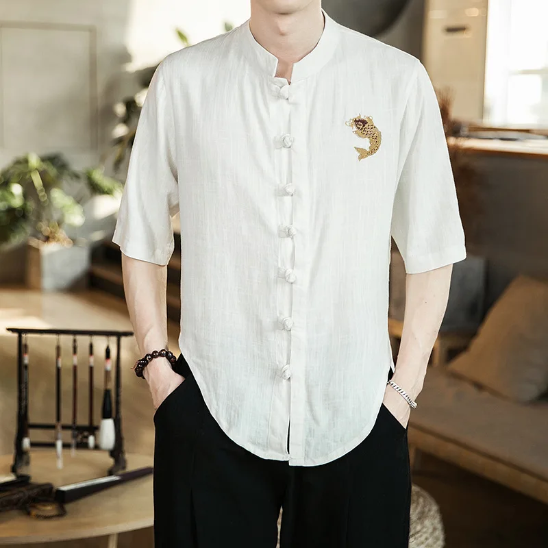 

#8119 Summer White Black Cotton Linen Shirt Men Stand Collar Embroidery Fish Vintage Asymmetrical Short Sleeve Shirt Male 5XL