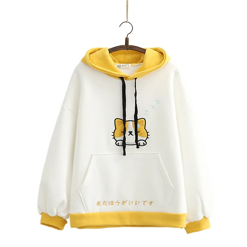 

Sweet Style Cartoon Cat Embroidery Fleece Women Hoodies Kawaii Cute Hooded Sweatshirt 2021 Winter Korean Ladies Long Sleeve Tops