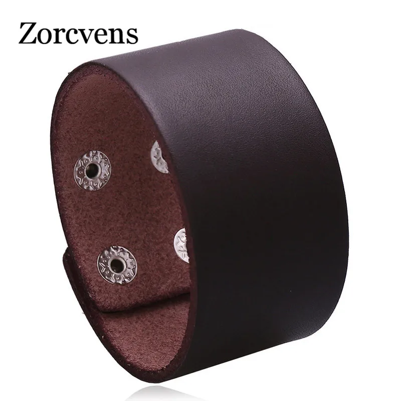 ZORCVENS Punk Vintage Black Brown Real Genuine Cow Leather Charm Unisex Wide Big Bracelet Bangle Men Women Jewelry