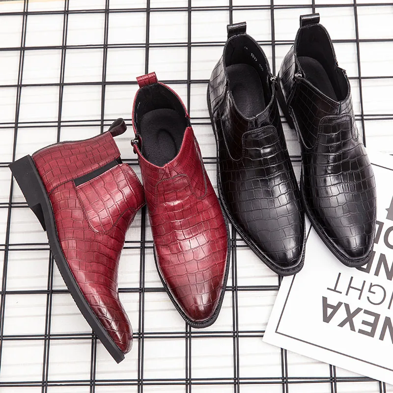 Мужские ботинки на молнии красные кожаные с острым носком Крокодиловая