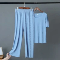 womens plus size trousers suit summer womens loose ice silk cool thin top and high waist wide leg pants home casual pajamas