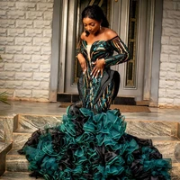 african emerald green and black mermaid prom dresses 2021 sparkle long prom gowns full sleeves ruffles plus size party dress