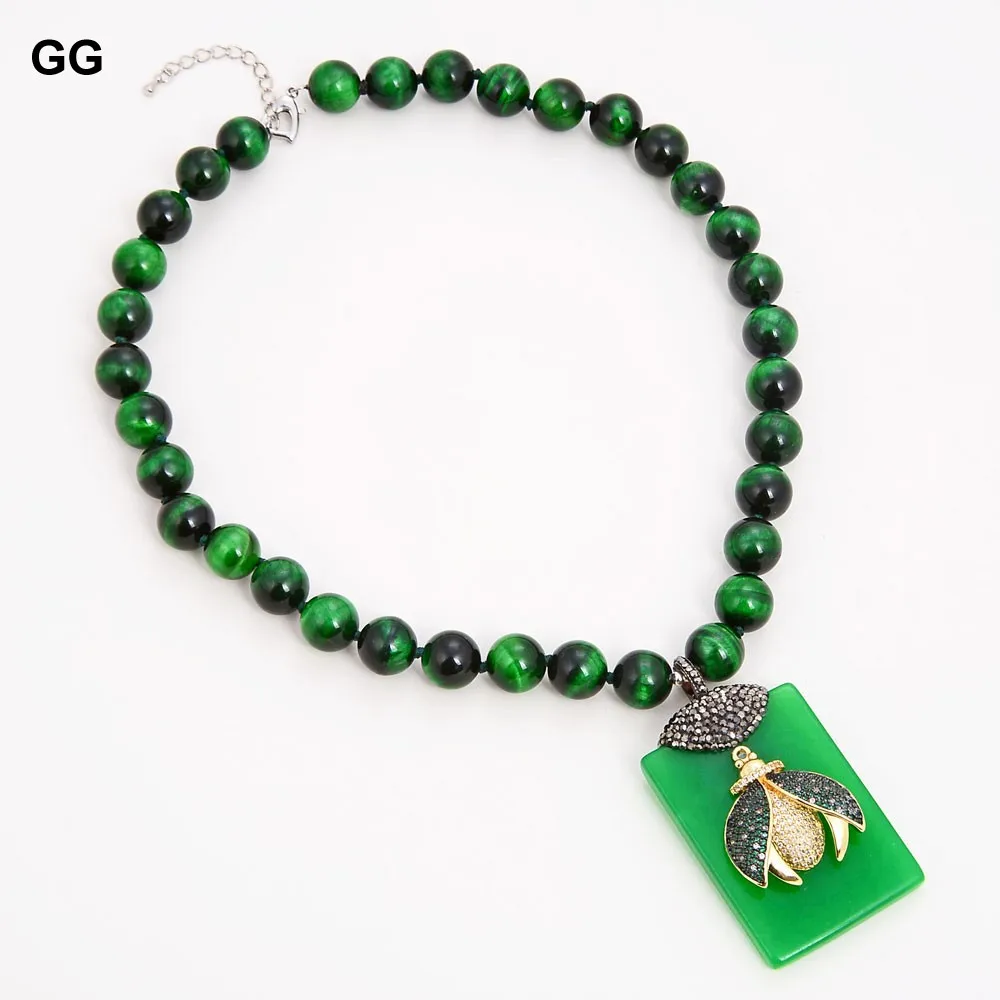 GG натуральный зеленый тигровый глаз ожерелье Прямоугольник Зеленый Изумруд Cz