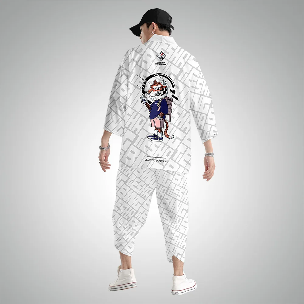 

Men Samurai Haori Yukata White Tiger Print Cardigan Shirt Japanese Traditional Clothing Kimono