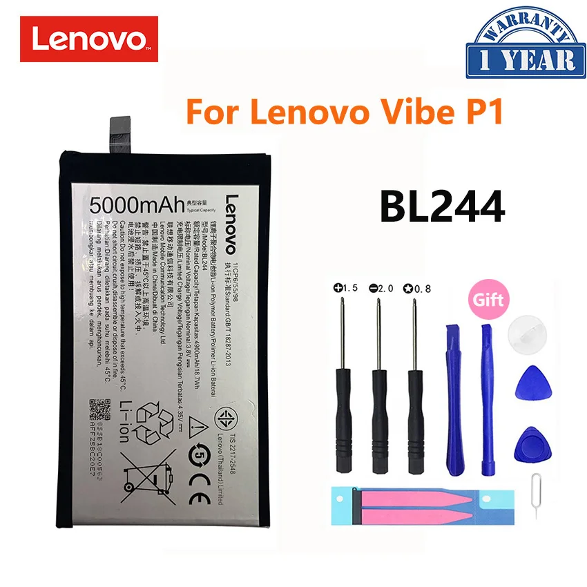 100% Original BL244 5000mAh Battery For Lenovo Vibe P1 P1A42 P1C58 P1C72 Li-ion Rechargeable Mobile Phone Batteries Bateria Akku
