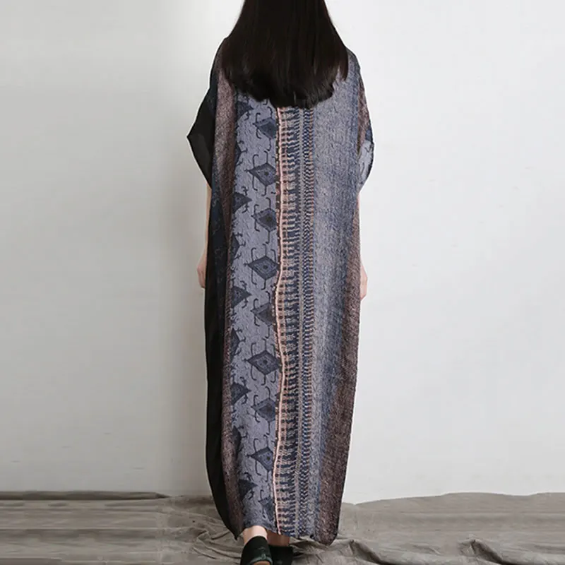 

XITAO Vintage V-neck Print Dress Five-point Sleeves Hedging New 2021 Summer Elegant Minority Loose Mid-length All-match WMD0401