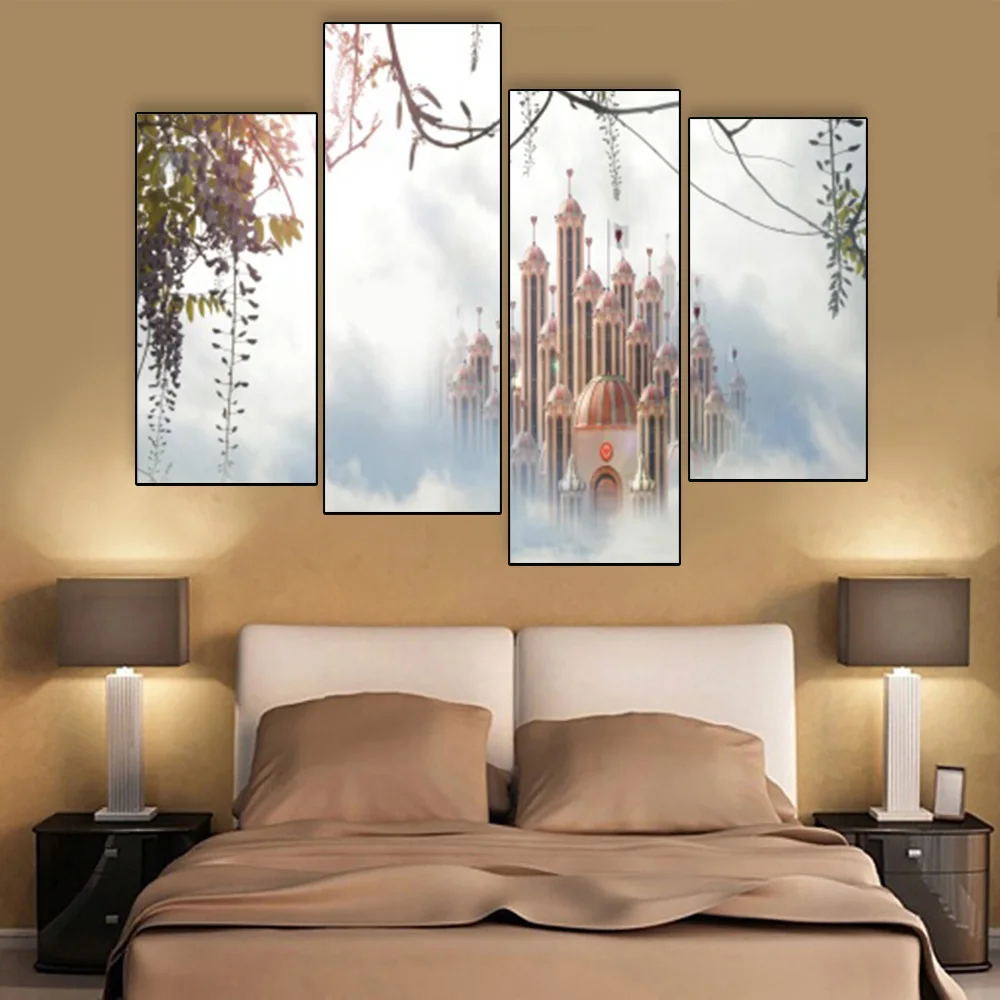 Laeacco Canvas Calligraphy Painting 4 Panel Castle Posters and Prints Wall Artwork Living Room Nordic Home Decoration | Дом и сад