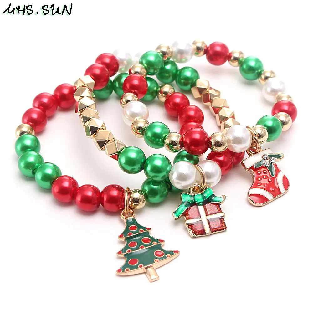 MHS.SUN 3pcs cute kids girls charms bracelets christmas style beads elastic bangles diy jewelry for children gift - купить по
