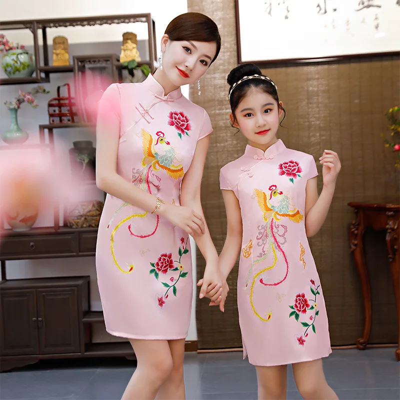 

Parent-child wear, mother and women's summer dress, 2021 new cheongsam dress, short slim silk cheongsam