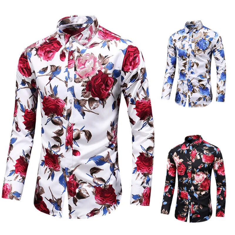 

2019 Autumn Men Slim Floral Print Long Sleeve Shirts Fashion Brand Party Holiday Casual Dress Flower Shirt Homme Plus Size 7XL
