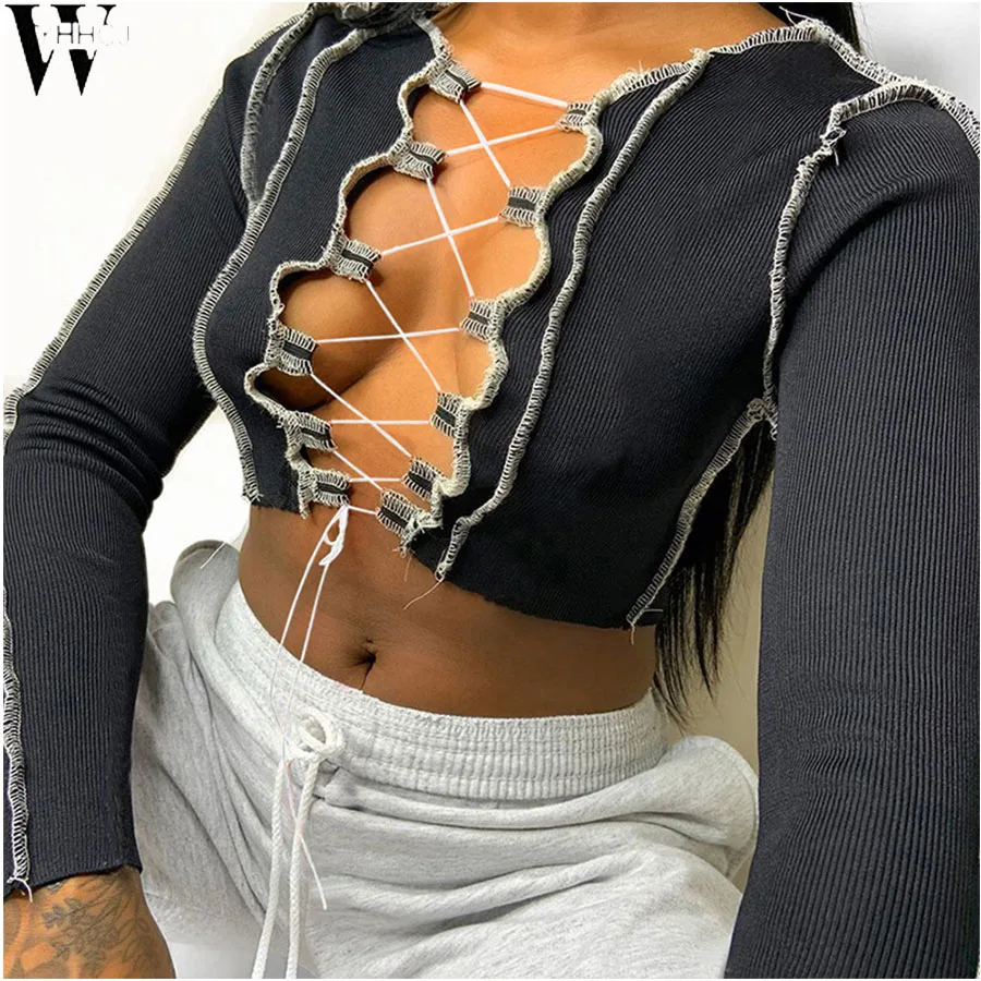 Женский укороченный Топ с длинным рукавом WYHHCJ NewPatchwork ребристые Сексуальные