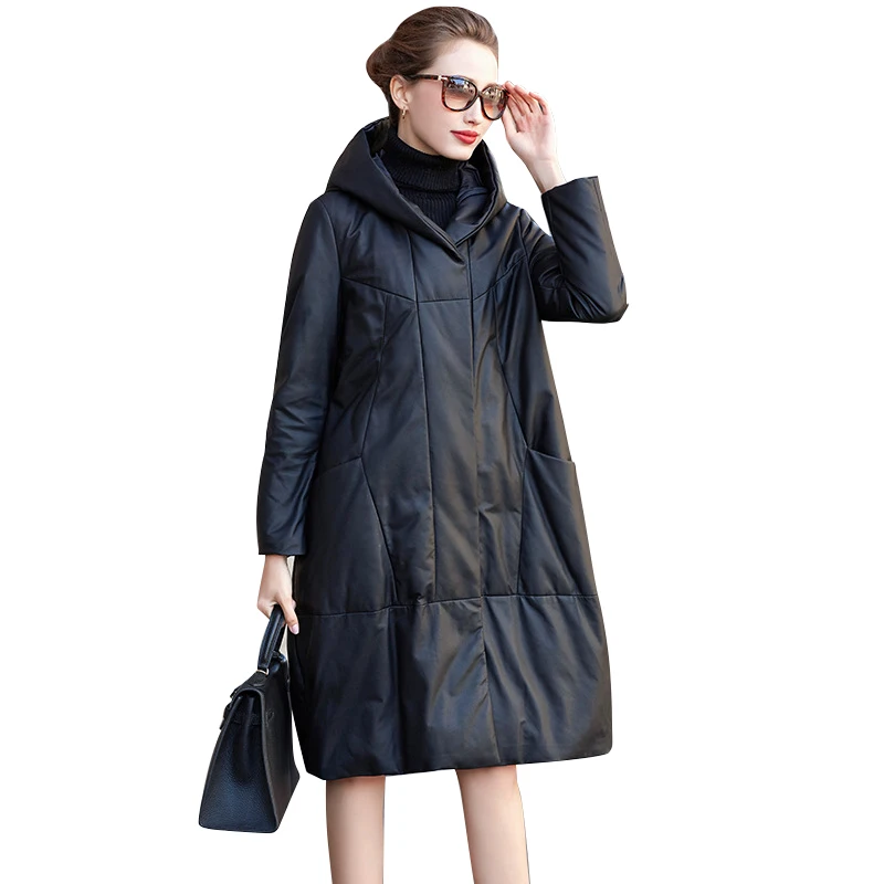 Genuine Leather Down Jacket Women's Brand Long Sheepskin Hooded Leather Outerwear Casual Medium Length Black Leather Coat