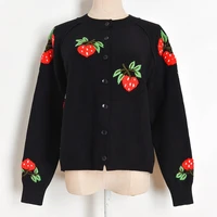 strawberry fruit embroidery cardigan knit sweater autumn winter round collar knitted cardigan sweater women black cardigan tops