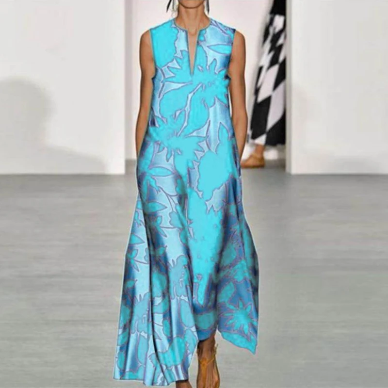 

New Bohemian Summer Dress 2021 Sexy V Neck Sleeveless Vintage Floral Printed Long Maxi Dress Women Plus Size Beach Holiday Dress