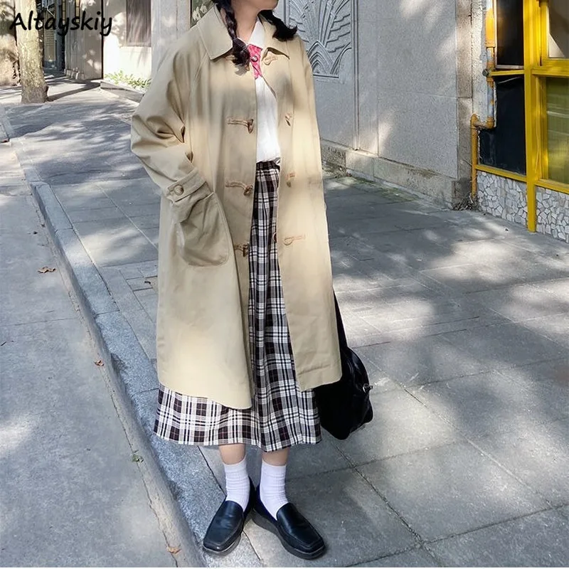

Trench Coat Womens Casual Vintage Pockets Preppy Style Retro Loose Horn Button Kawaii Long Daily Siple All-match Spring Outwear