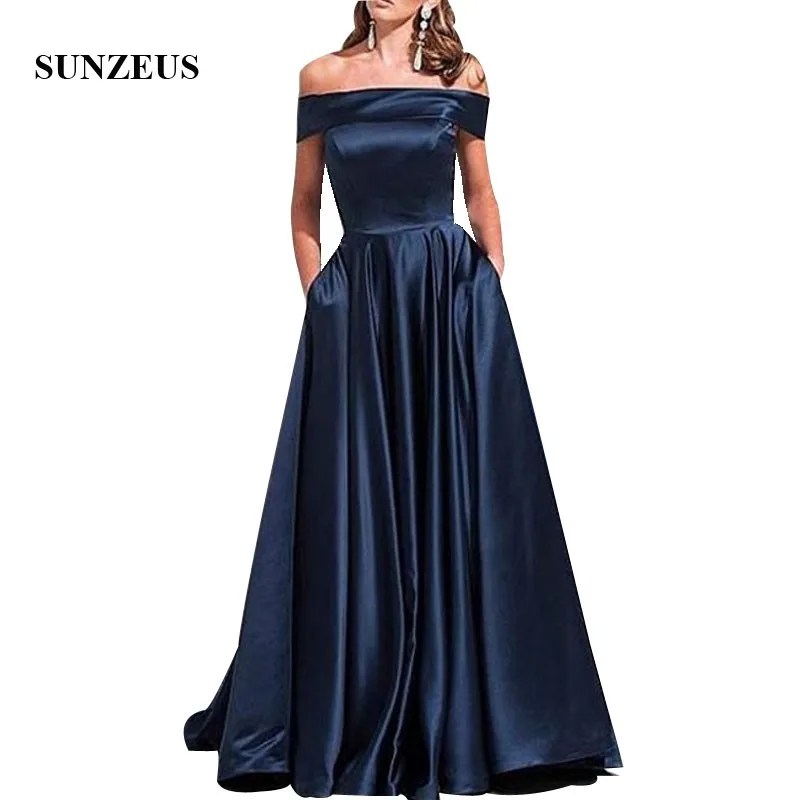 Темно синее женское длинное платье с открытыми плечами|Платья для матери