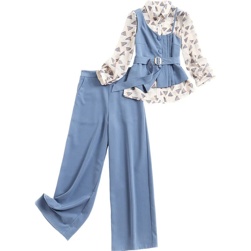 

New 2020 autumn women three piece set geometric print chiffon blouses and asymmetric vest and long pants plus size outfits