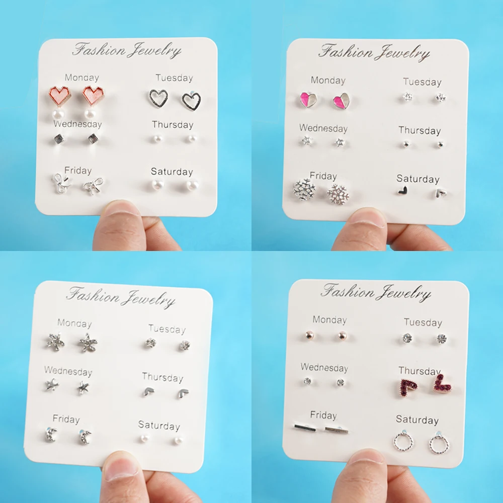 

4/6Pairs/Set Crystal Heart Leaves Stud Earrings For Women Charm Rhinestone Small Pearl Earrings Set Jewelry Girls Gifts Brincos