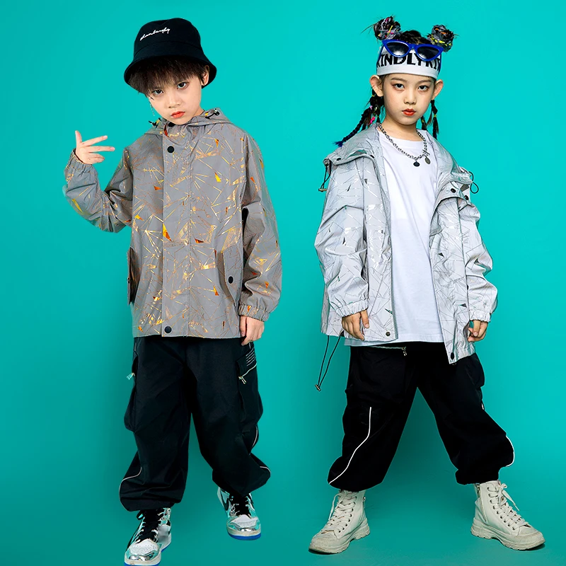

Children's Hip Hop Dance Costume Reflective Jacket Casual Black Pants For Girls Hiphop Clothes Performance Stage Outfits BL5779
