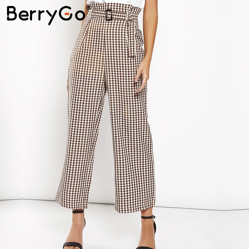BerryGo элегантные клетчатые женские брюки плиссированные с высокой талией поясом