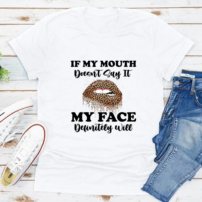 

Леопардовые губы, если мой рот не говорит, что мое лицо определенно будет футболка, винтажная Женская графическая хипстерская футболка Sarcasm,...
