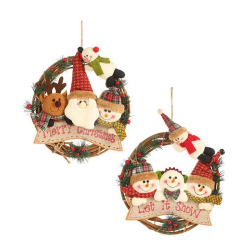 

2PCS Christmas Rattan Wreath Christmas Dolls Door Decor Pendant Front Garland Christmas Holiday Decoration