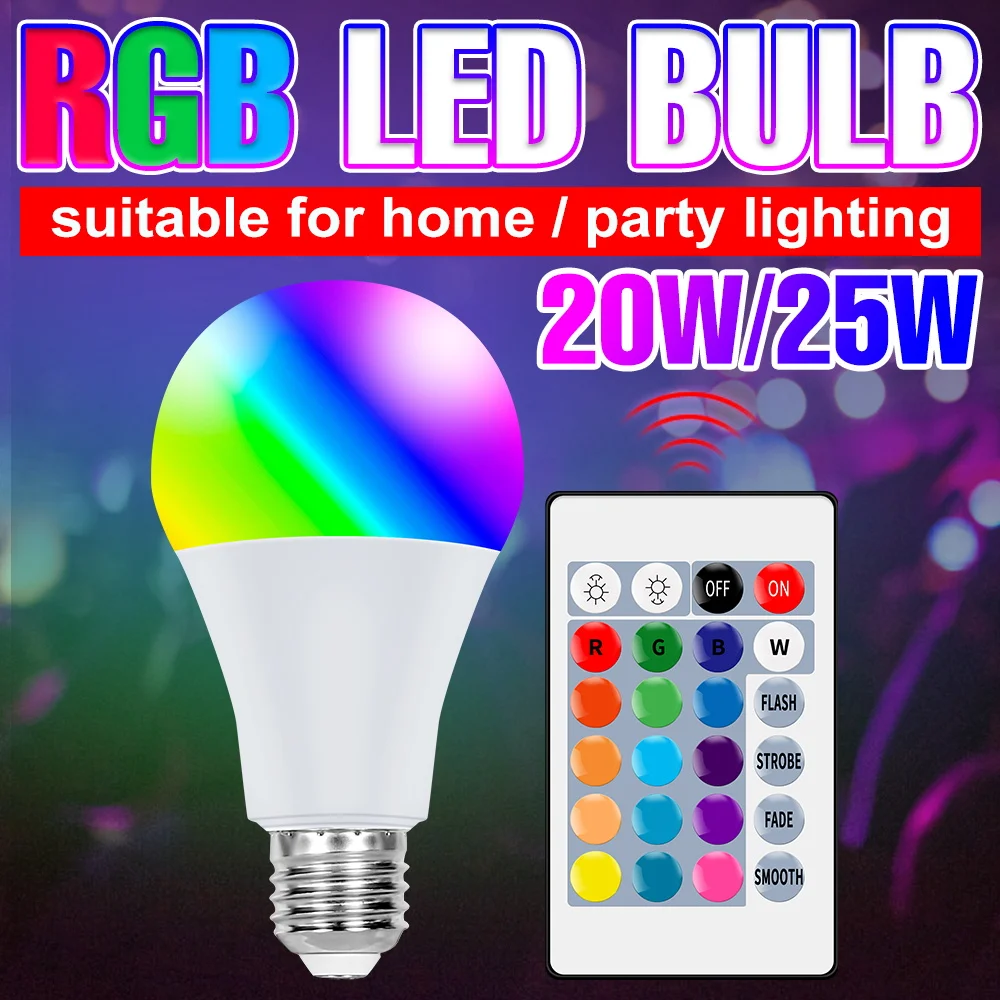 

220V RGB Lamp Bulb E27 LED RGBW Light 20W 25W Lampara LED Remote Control Colorful Changing Bulb Home Decor Atmosphere Lamp 2835