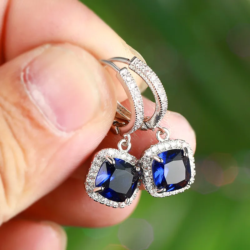 Fashion Female Pink Blue Zircon Stone Earrings Elegant Square Hoop Earrings For Women 925 Sterling Silver Wedding Earrings
