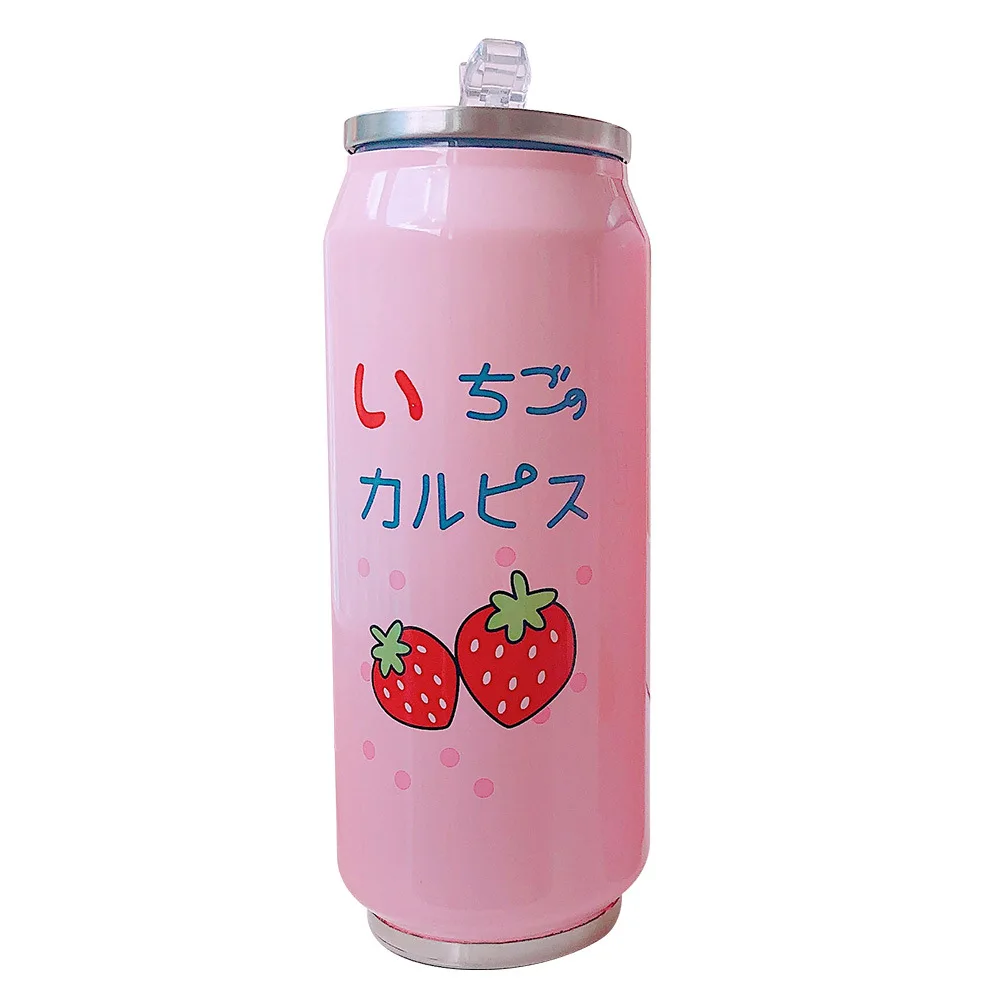 

500ml Creative Cans Water Bottle For Girls Portable Stainless Steel Thermos Bottle Cute Strawberry Insulated Cup With Straw 2020
