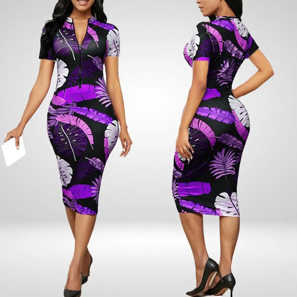 

Women Dress Printing Deep-V Polyester Slim Short Sleeve Midi Dress for Summer Ladies Sexy Skinny Bodycon Party Elegant Dresses