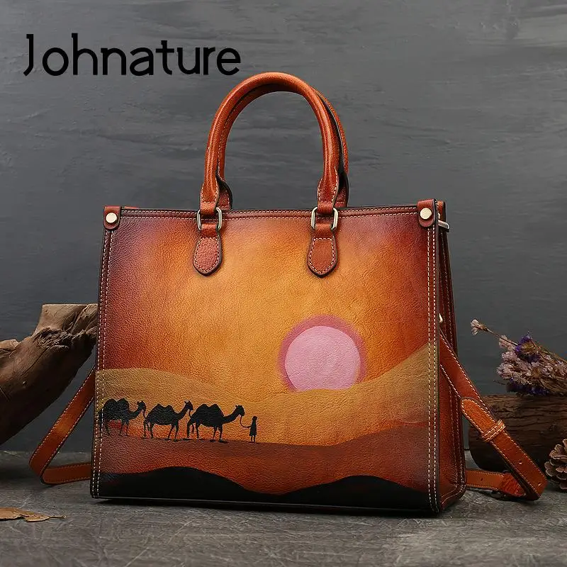 

Johnature Genuine Leather Luxury Handbags Women Bags Designer Natural Soft Cowhide Hand Painted Tote Bag Versatile Shoulder Bags